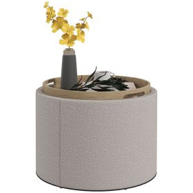 Linen Fabric Round Storage Ottoman Coffee Table with Flip-Top Tray Hidden Storage Space Elegant Footstool Gray