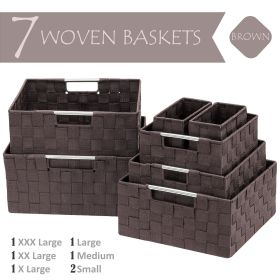 7 Pack Decorative Durable Woven Fabric Storage Baskets, Shelf Closet Organization - Brown