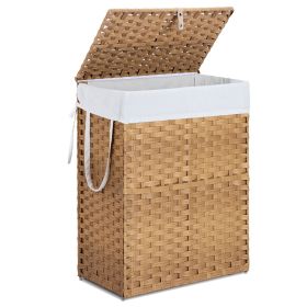 90L Foldable Laundry Basket with Lid, Hand-Woven Hamper w/Removable Liner, Yellow