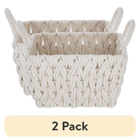 (2 pack)Medium White Woven Rope Decorative Storage Basket with Handles, 14.3 in x 11 in x 9 in