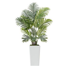 Artificial Areca Palms 4 ft, 2 Pack Fake Palm Tropical Plants with White Tall Planter, Faux Floor Silk Plant in Pot