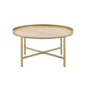 Tray Style Top Round Coffee Table, Oak and Gold