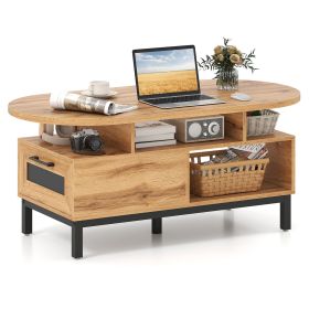 47 Inch Oval Coffee Table with Storage and Open Compartments for Living Room (Color: Natural)
